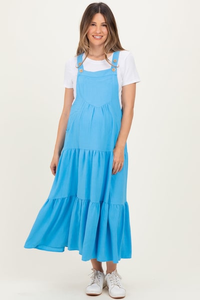 PinkBlush Aqua Blue Button Sling Tiered Maternity Midi Dress