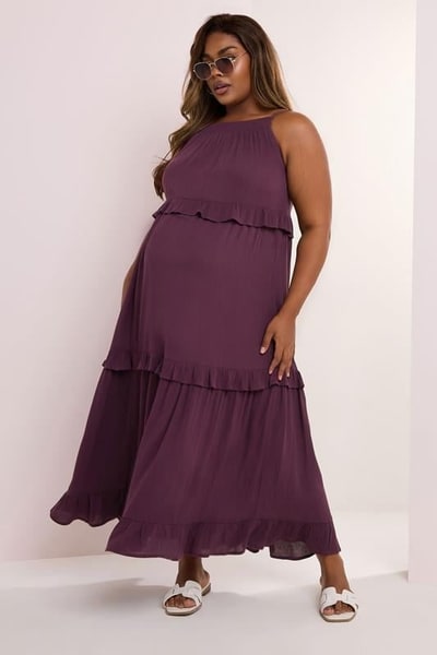 Yours Clothing BUMP IT UP MATERNITY Dark Purple Tiered Frill Maxi Dress