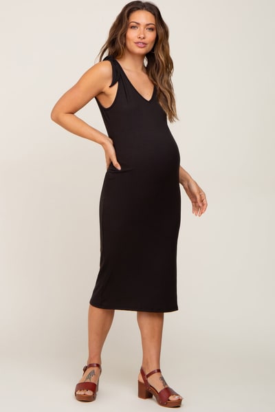 PinkBlush Black Ribbed Shoulder Tie Maternity Midi Dress