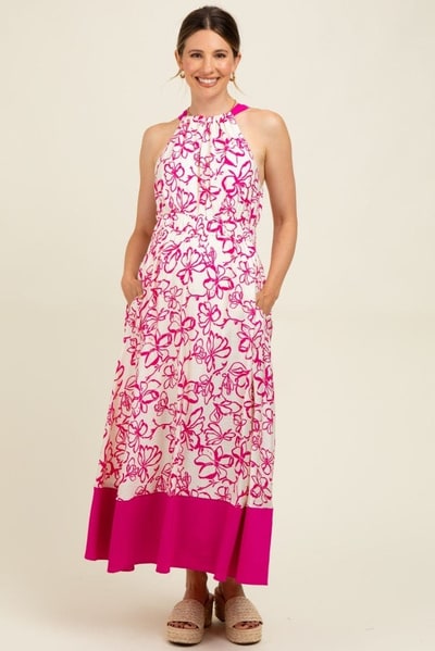 PinkBlush Fuchsia Floral Bow Tie Sleeveless Maternity Midi Dress