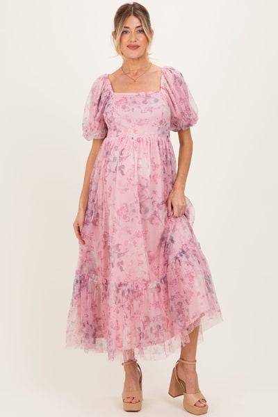 PinkBlush Pink Floral Printed Tulle Puff Sleeve Maternity Midi Dress