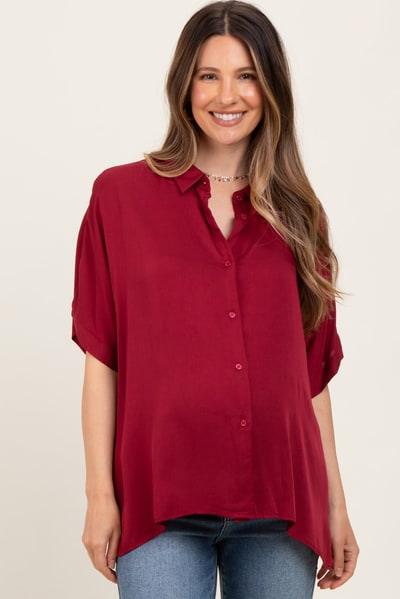 PinkBlush Burgundy Dolman Sleeve Button Down Maternity Blouse