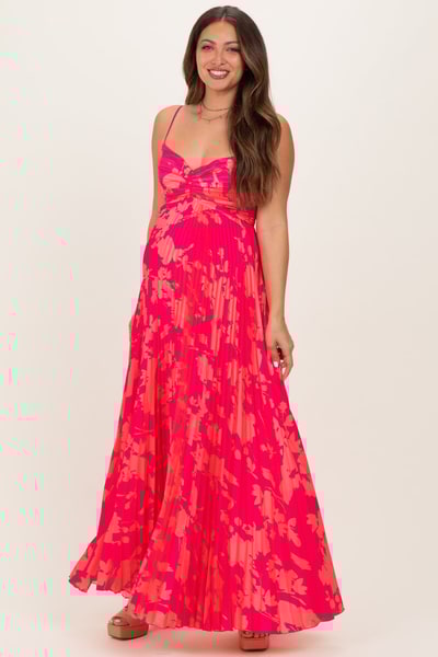 PinkBlush Fuchsia Floral Pleated Satin Maternity Maxi Dress