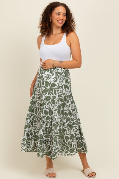 PinkBlush Olive Floral Tiered Maternity Maxi Skirt