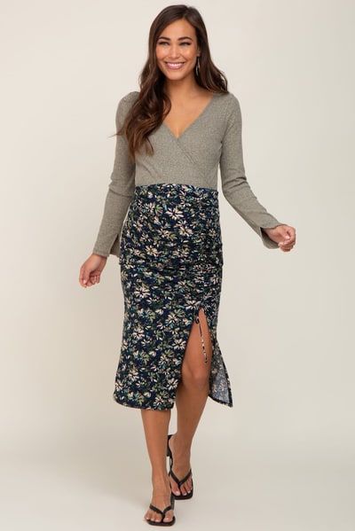 PinkBlush Navy Floral Ruched Slit Maternity Midi Skirt