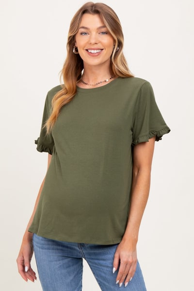 PinkBlush Olive Ruffle Trim Short Sleeve Maternity T-Shirt