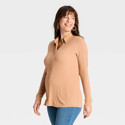 Target Long Sleeve Collared Neck Ribbed Maternity Button-Down Shirt - Isabel Maternity by Ingrid & Isabel™ Tan XXL