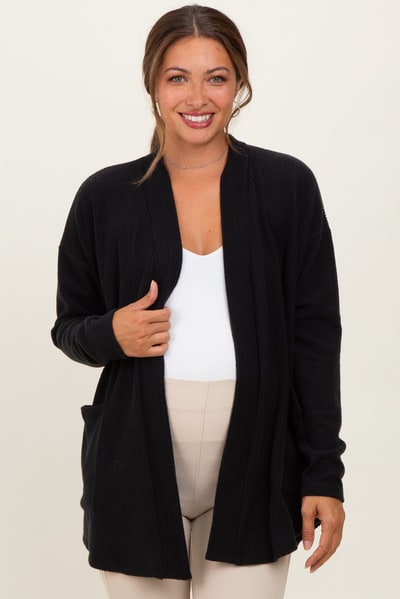 PinkBlush Black Solid Ribbed Long Sleeve Open Front Pocket Maternity Cardigan