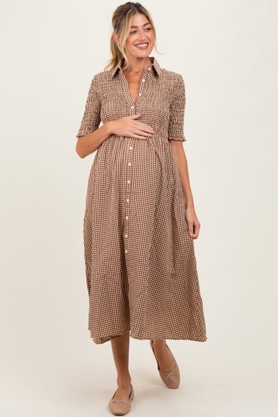 PinkBlush Mocha Gingham Smocked Button Down Maternity Midi Dress