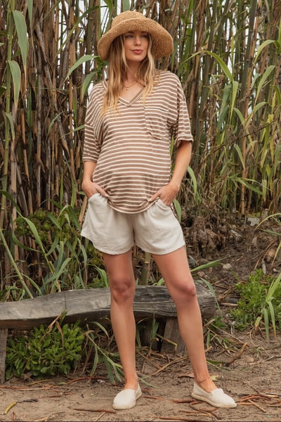 PinkBlush Mocha Striped Oversized V-Neck Front Pocket Maternity T-Shirt