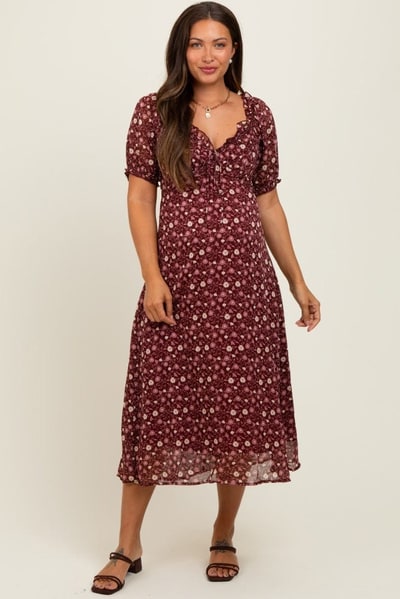 PinkBlush Burgundy Floral Chiffon Sweetheart Puff Sleeve Maternity Midi Dress
