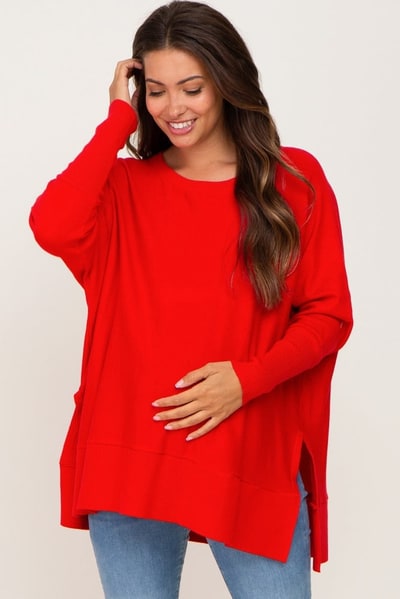 PinkBlush Red Dolman Sleeve Side Slit Maternity Sweater