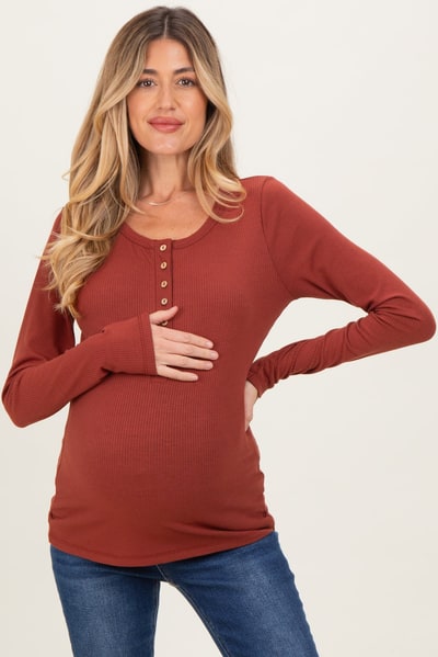 PinkBlush Rust Solid Ribbed Long Sleeve Button Down Maternity Tunic Top