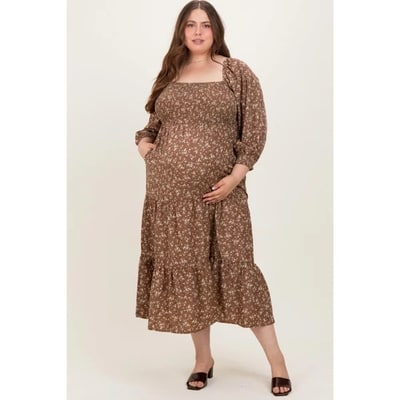 Target Pinkblush Mocha Floral Smocked Long Sleeve Maternity Plus Maxi Dress 3X