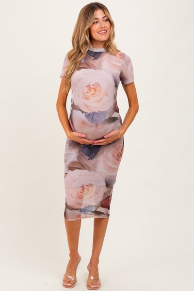 PinkBlush Light Pink Floral Mesh Short Sleeve Maternity Midi Dress