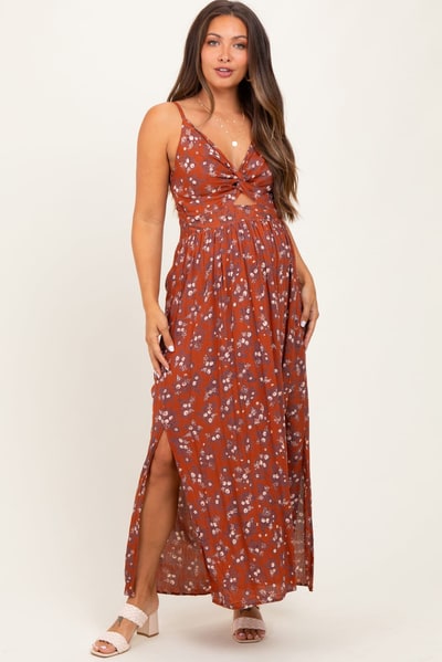 PinkBlush Rust Floral Twist Front Cutout Maternity Maxi Dress