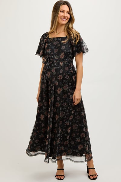 PinkBlush Black Floral Waist Tie Maternity Midi Dress