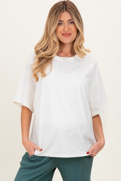 PinkBlush Cream Crew Neck Short Sleeve Oversized Maternity T-Shirt