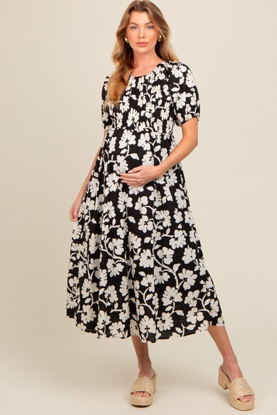 PinkBlush Black Floral Smocked Maternity Midi Dress