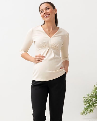 Angel Maternity Jenni Half Sleeve Maternity V-Neck Work Top in Apricot