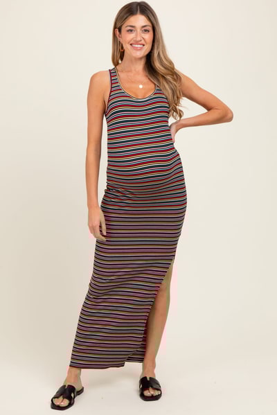 PinkBlush Yellow Multicolor Striped Side Slit Maternity Maxi Dress