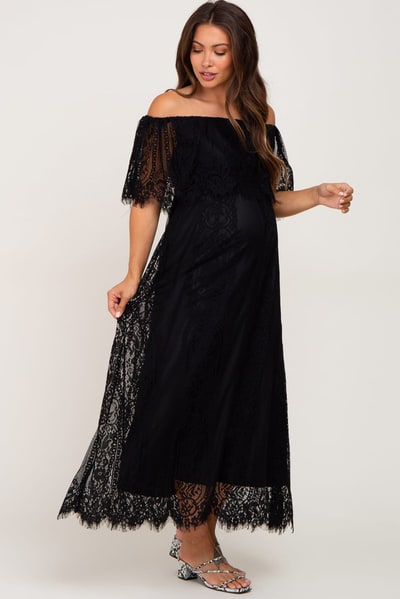PinkBlush Black Lace Off Shoulder Maternity Maxi Dress