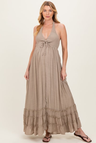 PinkBlush Taupe Halter Neck Smocked Maternity Maxi Dress