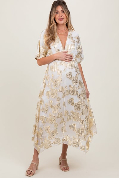 PinkBlush Cream Metallic Floral Jacquard Overlay Maternity Maxi Dress