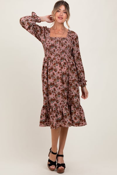 PinkBlush Mauve Rose Smocked Velvet Bow Tie Maternity Midi Dress
