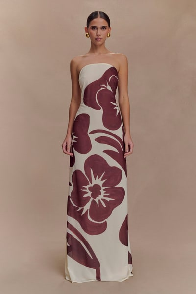 MESHKI Amaya Strapless Chiffon Maxi Dress - Brown Deco Fleur Print
