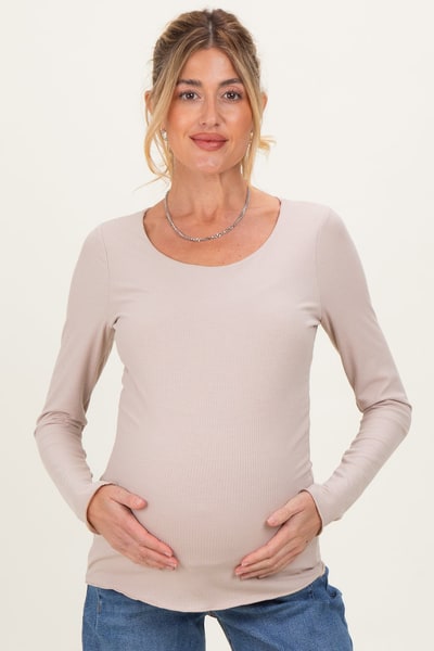PinkBlush Beige Ribbed Long Sleeve Lettuce Trim Maternity Top