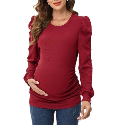 Target Coolmee Women's Maternity Shirt Long Puff Sleeve Top Casual Crew Neck Ruched Side Blouse Wine Red 2XL