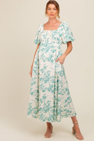 PinkBlush Teal Floral Puff Sleeve Maternity Midi Dress