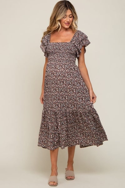 PinkBlush Black Floral Flutter Maternity Midi Dress