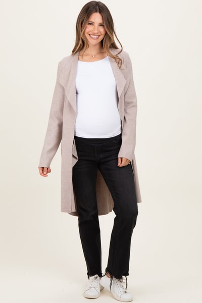 PinkBlush Oatmeal Knit Open Front Long Maternity Cardigan