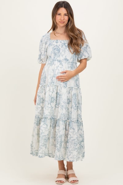 PinkBlush Blue Vintage Floral Puff Sleeve Tiered Maternity Maxi Dress