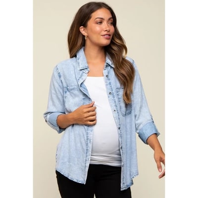 Target Pinkblush Light Blue Chambray Maternity Rolled Cuff Shirt Medium