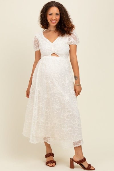 PinkBlush Cream Embroidered Lace Cutout Maternity Midi Dress