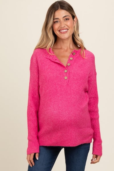 PinkBlush Fuchsia Buttoned Up Sweater Knit Maternity Top