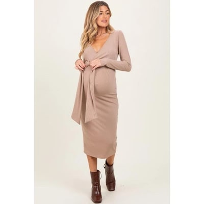 Target Pinkblush Taupe Ribbed Long Sleeve Maternity Wrap Dress Small