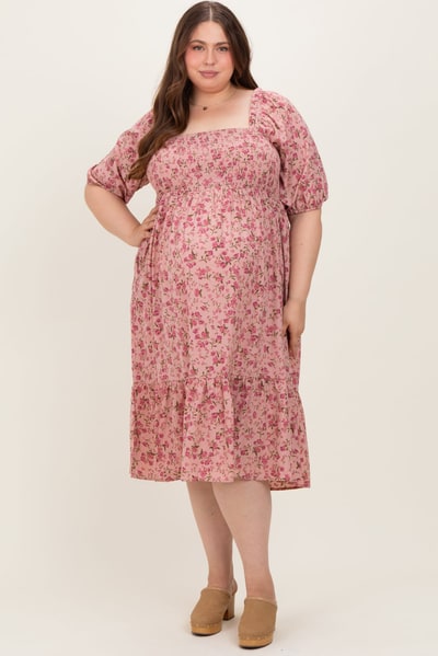 PinkBlush Pink Floral Smocked Maternity Plus Midi Dress