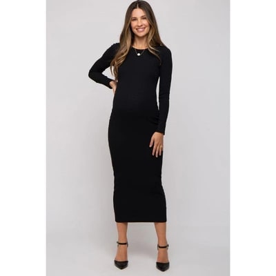 Target PinkBlush Black Ribbed Fitted Long Sleeve Maternity Midi Dress Black Small