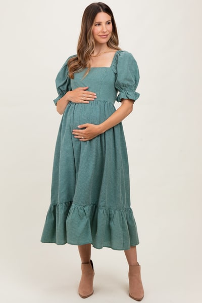 PinkBlush Teal Gingham Square Neck Maternity Midi Dress