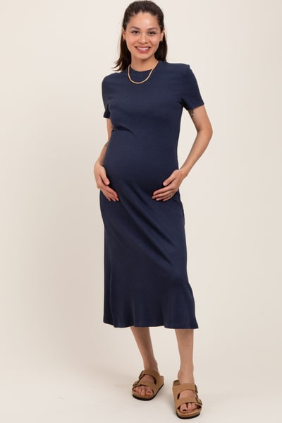 PinkBlush Navy Basic Ribbed Knit Maternity Midi Dress