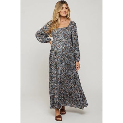 Target PinkBlush Navy Floral Long Sleeve Maternity Maxi Dress Navy Small