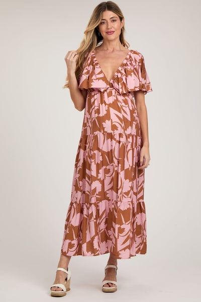 PinkBlush Pink Floral Deep V-Neck Ruffle Maternity Midi Dress
