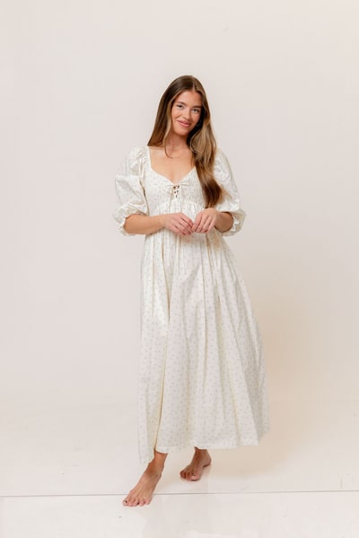 Worth Collective Cecilia 100% Cotton Smocked Maxi Dress in Ivory Floral (Lined) - Bump Friendly