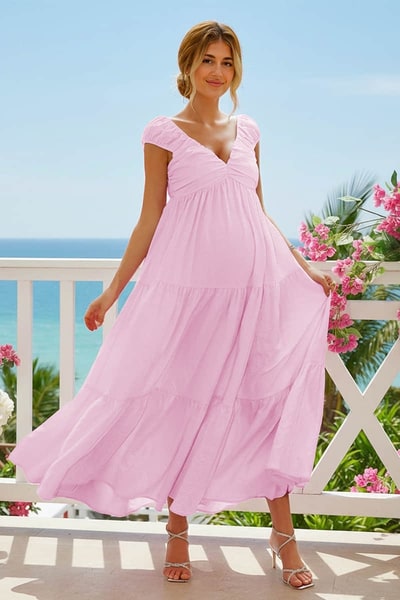 Summer Mae Elegant V-Neck Maternity Dress | Soft Pleated Design for Comfort & Style