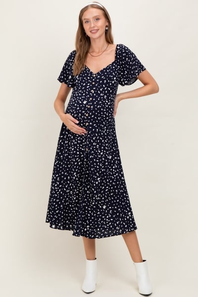 PinkBlush Navy Printed Button Accent Flutter Sleeve Maternity Midi Dress