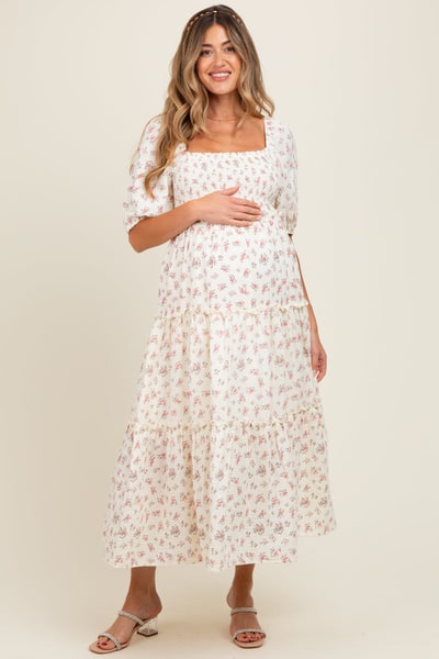 PinkBlush Pink Floral Smocked Ruffle Tiered Maternity Maxi Dress